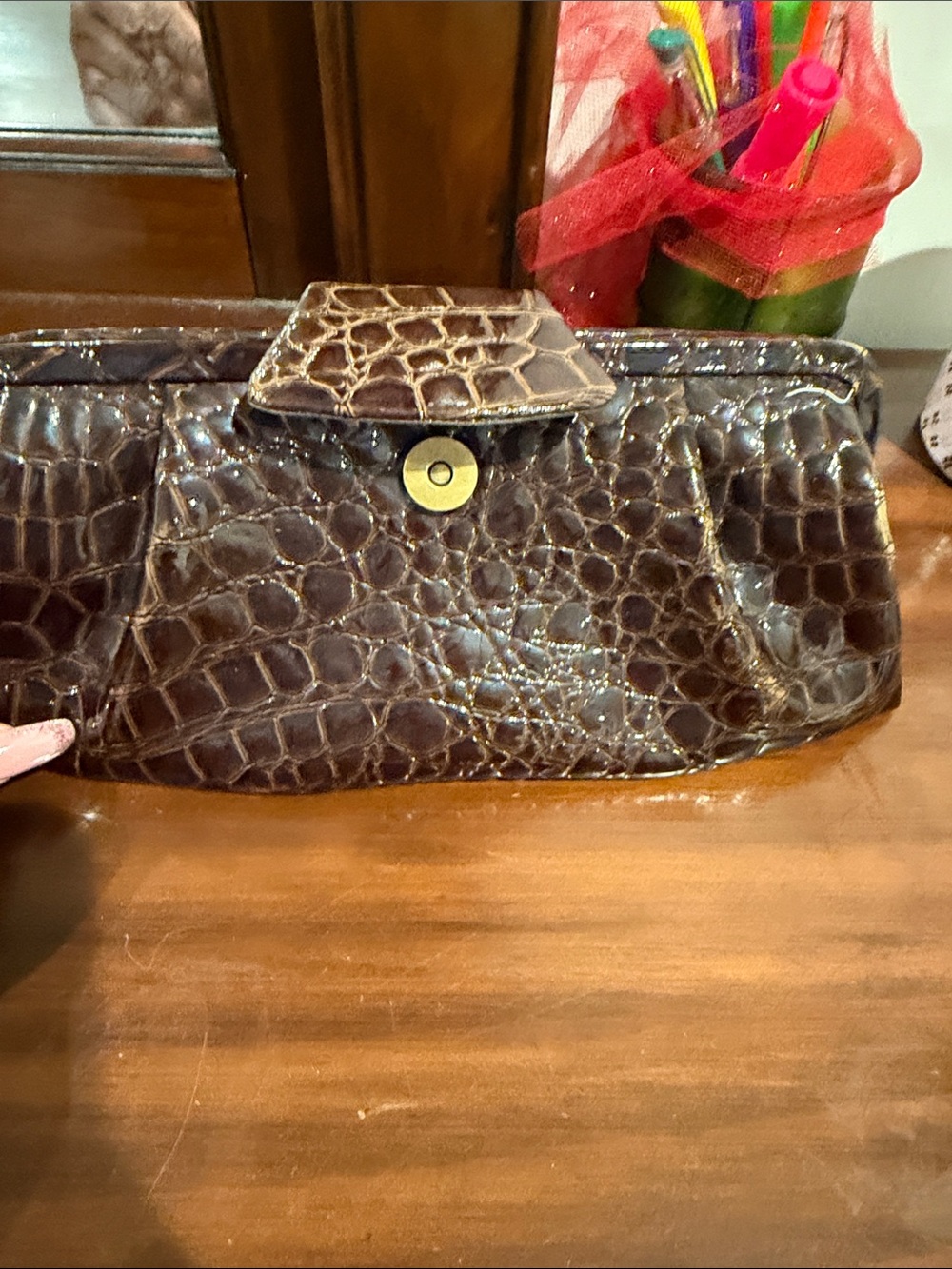 Classic Brown Croc-Embossed Women's Clutch